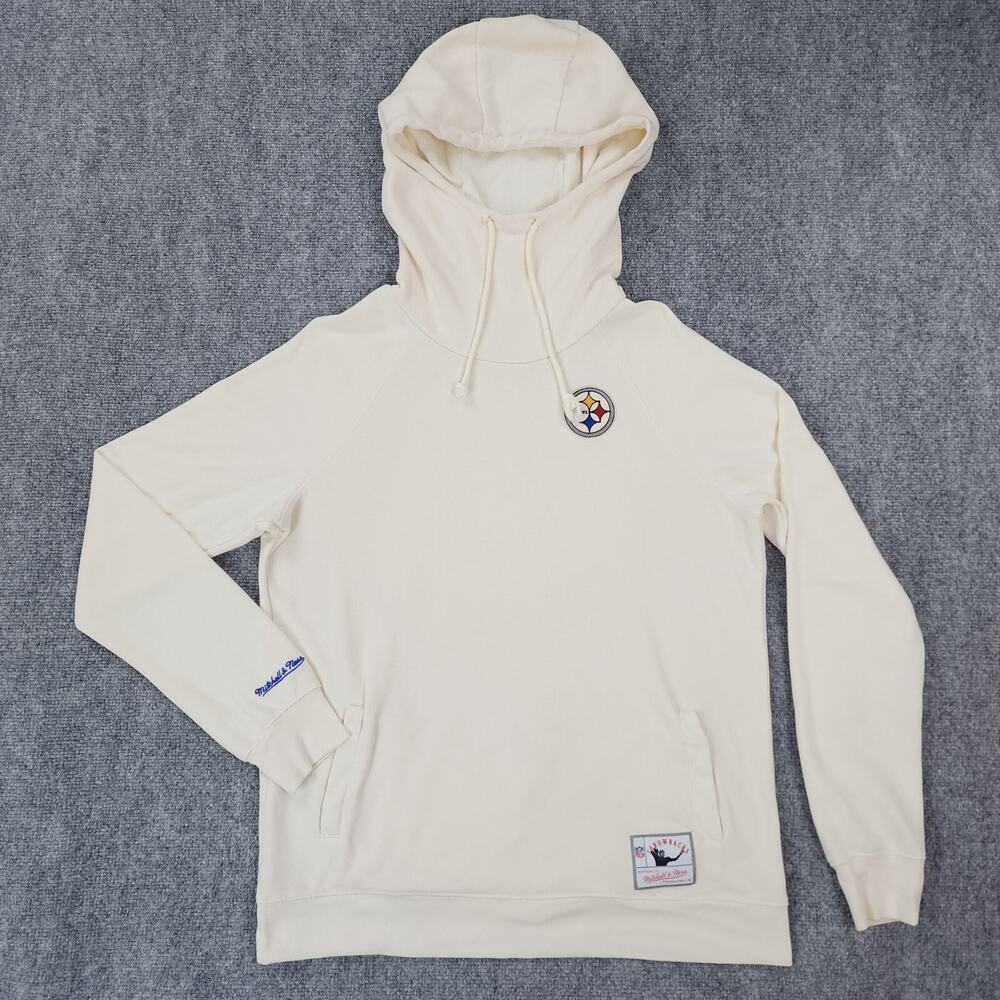 Pittsburg Steelers Hoodie Women Large Cream Mitchell Ness NFL Throwback Kangaroo